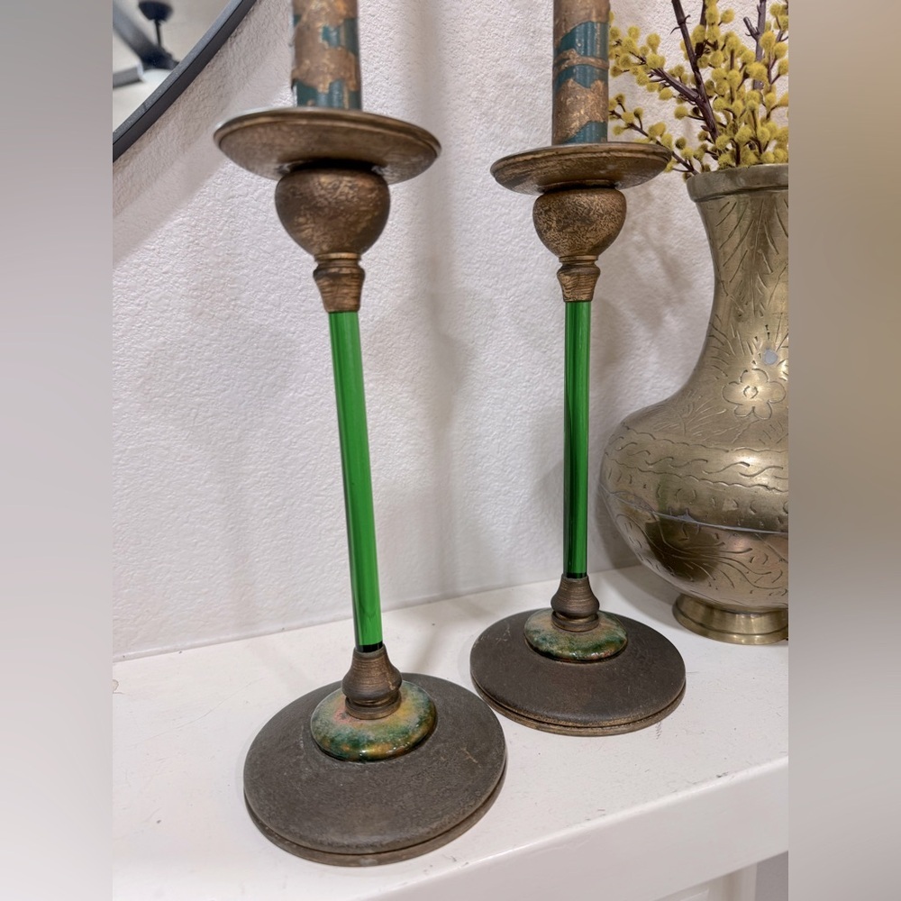 Antique Tiffany Studios Bronze Green Glass Candlesticks Pair w/ Taper Candles